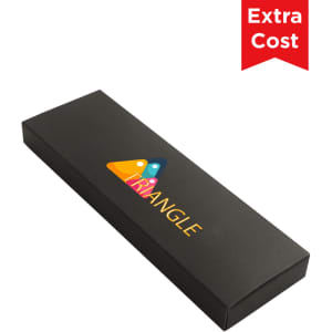 A black box with a colourful triangular logo, designed for packaging a product.