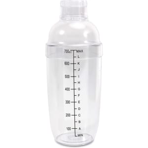 A drink bottle featuring a clear design, shaker top, and measurement markings along the side. It includes a filter top and has a logo.