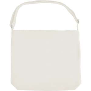 A cream canvas tote bag with a long strap and a subtle branding logo.