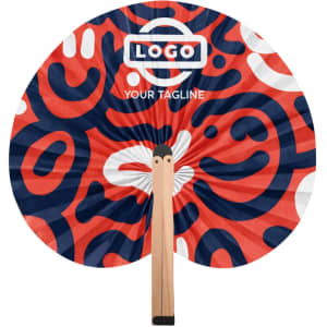 A peach-shaped wooden paper fan with vibrant red and blue abstract designs, featuring a logo on the front.