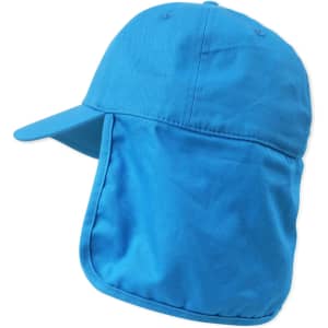 A blue cap with an extended flap at the back, featuring a logo on the front.
