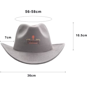 A grey felt cowboy hat with a wide brim and a branded logo, measuring 36 cm wide and 10.5 cm tall.