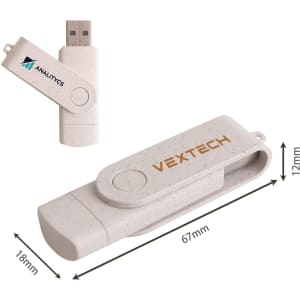 A double-end eco swivel Type C flash drive in a cream colour, featuring a branding logo. Dimensions are 67mm x 18mm x 12mm.