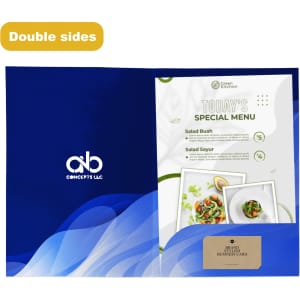 A4 full colour presentation folder with a blue design, featuring a logo and a menu insert.