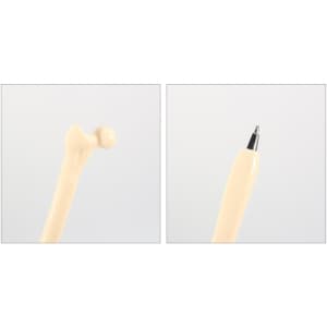 A femur bone-shaped pen in cream colour with a shiny silver tip. It features a sleek design and has a logo.