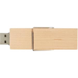 A wooden flash drive in a natural finish with a metal clip attached, featuring a USB connector on one end.