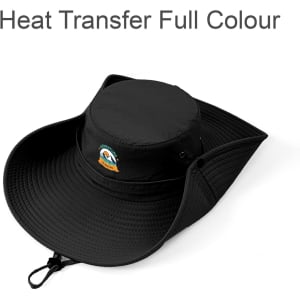 A wide brim sun hat in black, featuring a logo and a snug fit for sun protection.