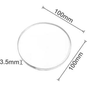 A clear acrylic coaster, circular in shape, measuring 100mm in diameter and 3.5mm thick.