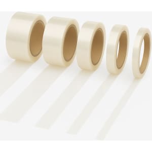A set of five rolls of transparent BOPP packaging tape, featuring a light beige colour and visible shadows.