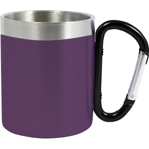 A drink bottle features a purple body, stainless steel rim, and a black carabiner handle. It has a logo on the front.