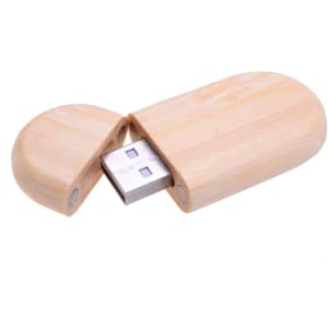An oblong wooden flash drive with a natural bamboo finish, featuring a removable cap.
