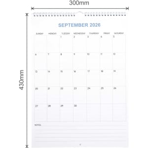 A vertical wall calendar for September 2026 with a white background and blue text. It features a spiral binding.