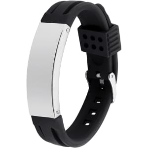 A metal strap bracelet featuring a silver metal plate and a black silicone band. The design is sleek and modern.