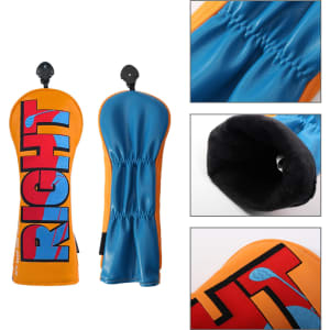 Custom golf head cover in bright orange and blue, featuring a logo and soft interior. Suitable for protecting golf clubs.