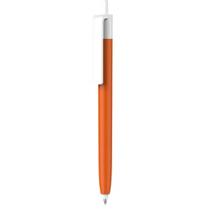 A push button pen with a vibrant orange barrel and a creamy white cap, featuring a logo.