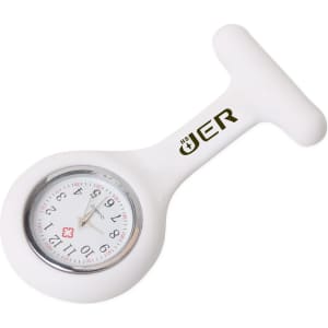 A white silicone nurse watch with a round face displaying numbers and a logo.