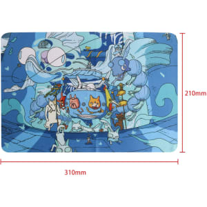 A blue microfibre cleaning mouse pad featuring whimsical illustrations, with a logo in the corner. Dimensions indicated.