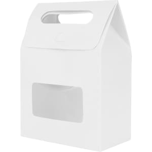 A white die cut handle bag with a window, featuring a simple rectangular shape and a handle on top.