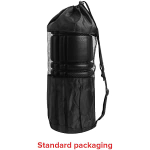 A black foam massage roller in a drawstring mesh bag, featuring a logo on the bag.