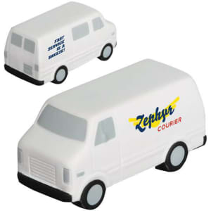 A white van-shaped stress reliever with black wheels and a branding logo on the side.