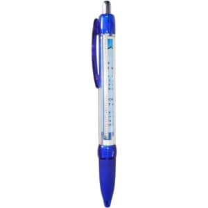A plastic pen with a blue grip and a transparent barrel, featuring a logo and a ballpoint tip.