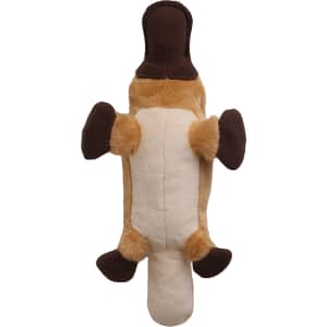 A brown and beige plush toy shaped like a platypus, featuring a soft body and flippered limbs.