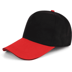 A black cap with a red bill featuring a branded logo on the front.