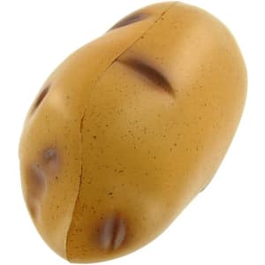 A potato-shaped stress reliever in light brown with dark speckles. The product features a smooth finish and a slight sheen.