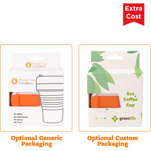 A collapsible silicone coffee cup in orange, featuring eco-friendly branding and packaging options.