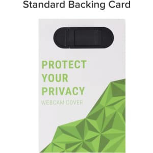 A backing card for a tablet webcam cover featuring a green geometric design and a black cover piece.