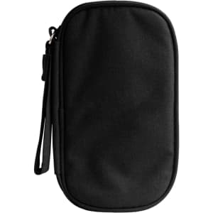 A black electronic accessory organiser bag with a zipper and a wrist strap. It features a logo.