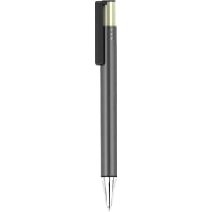A sleek black pen with a metallic gold end and a clip, featuring a simple design and a shiny silver nib.
