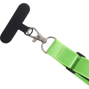 A green adjustable woven phone lanyard with a black clip attachment. Features a sturdy design and a branding logo.