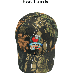 A 6-panel cap in true timber camouflage with a logo and a koala design. Features shades of green, brown, and black.