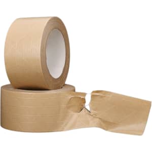Two rolls of self-adhesive reinforced kraft paper tape in brown, with one roll partially torn.