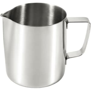 A stainless steel milk frothing pitcher with a smooth finish and a sturdy handle. It has a sleek, modern design.