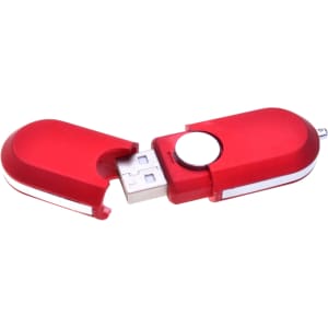 A red Tauris flash drive with a sliding cap, featuring a silver accent and a branded logo.
