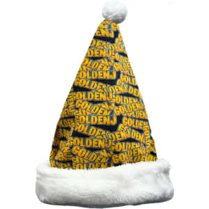 A vibrant yellow Santa hat featuring repeated text and a white fluffy trim, showcasing a playful design.