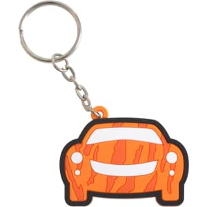 An orange custom-shaped PVC keyring in the form of a car, attached to a metal keychain.