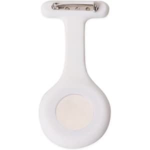 A white silicone nurse watch with a clip attachment and a circular face. It features a logo on the product.