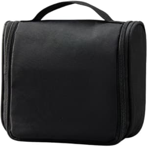 A black hanging travel toiletry bag with a zip closure and a top handle for easy carrying. Features a simple design.