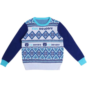 A unisex winter acrylic cotton jacquard sweater featuring a blue and white patterned design with long sleeves.