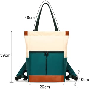 A convertible nylon backpack to tote bag in cream, teal, and brown, featuring adjustable straps and a front pocket.