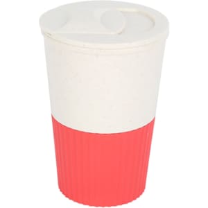 A drink bottle made of wheat straw, featuring a white lid and a red ribbed bottom. It has a logo.