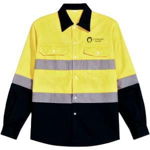 A long-sleeve, unisex cotton hi-vis shirt in yellow and black with reflective strips and a logo on the chest.