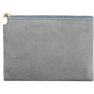 A durable flat makeup bag in a soft grey hue with a zip closure and a subtle logo.