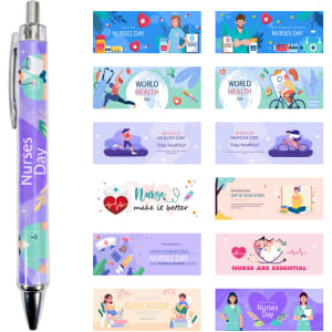 A purple ballpoint pen with a design featuring "Nurses Day." Various promotional banners for health themes are adjacent.