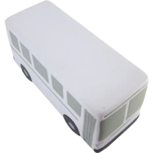 A white stress reliever shaped like a city bus, featuring windows and wheels, with a simple design.