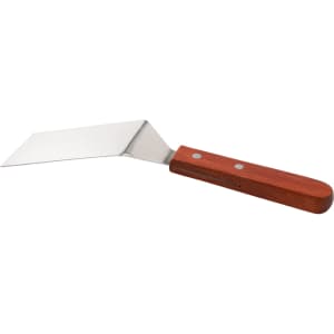 A stainless steel turner with a wooden handle, featuring a sleek, angled blade for versatile use.