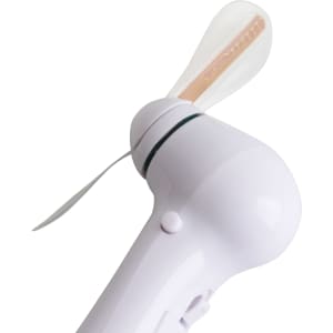 A white LED message fan with a translucent blade and a button for operation. It has a logo on its body.
